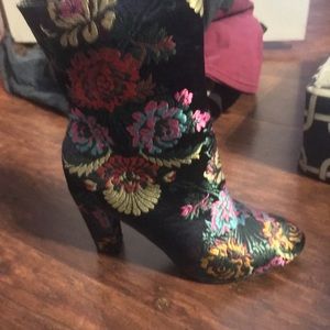 Navy floral print ankle high heel boots